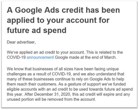 email notification covid 19 google ads credit